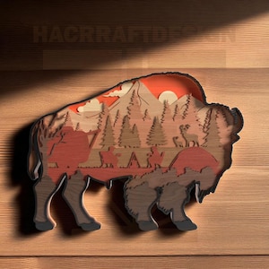 Layered Bison SVG, Buffalo Camping Szene Laser Cut Datei, Wildtier CNC Glowforge Wandkunst, Multilayer Nature Design