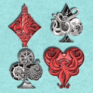 Pacote SVG de cartas de baralho Kraken, arquivos de corte a laser Octopus, arte de mar de diamantes Spade Heart Club