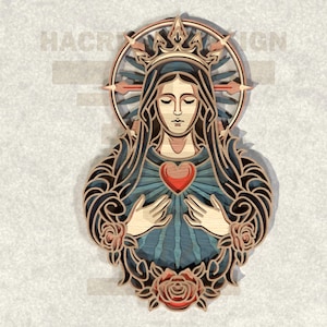 Sacred Heart Jungfrau Maria SVG, gekrönte katholische Laser Cut-Datei, katholische Laser Cut Wanddekoration für Cricut & Glowforge,
