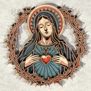 Onbevlekt hart Maagd Maria SVG, gekroond katholiek lasergesneden bestand, decor voor Cricut & Glowforge, Maagd Maria lasergesneden