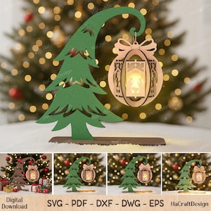 クリスマスツリーランタンホルダー SVG: 3D レーザーカットオーナメント (デジタルダウンロード)
