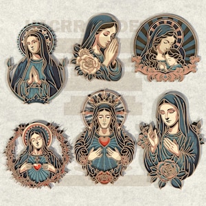 Maagd Maria lasergesneden bundel SVG – 6 katholieke meerlaagse bestanden voor Glowforge en Cricut, gekroond katholiek lasergesneden bestand