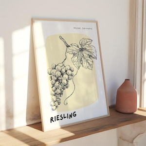 Plakat z winem Riesling | Sztuka niemieckiego regionu winiarskiego | Ilustracja białego wina | Wisząca zawieszka na ścianę wózka barowego | Wydruk kuchenny | Pobieranie cyfrowe