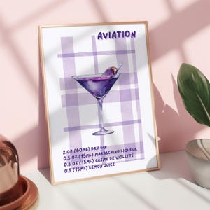 Gin Martini Fine Art Recept Print Luchtvaart Cocktail Paarse Poster Drank Receptkaart Bar Cart Art Afdrukbare Keuken Decor Digitale Download