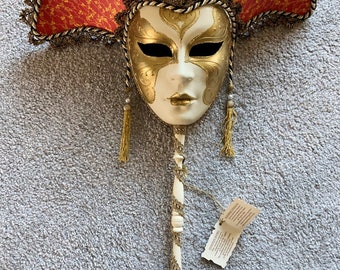 Hanging Venetian mask porcelain handmade signed ornament wall decor vintage made in Italy retro carnival Masquerade peacock on face china