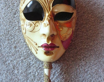 Hanging Venetian mask porcelain handmade signed ornament wall decor vintage made in Italy retro carnival Masquerade peacock on face china