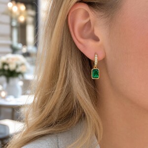 Gold Emerald Cut Dangle Huggie Earrings, Green Rectangle Dangle Zircon Drop, Dainty Everyday Jewelry, Anniversary Gift for Her