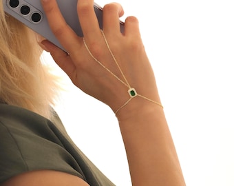 Gold Plated Silver Emerald Hand Chain, Dainty Baguette Finger Bracelet, Mother's Day Gift for Mom, Slave Jewelry or Her