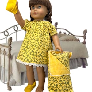 Fits 15”+18” doll|Cute yellow flannel sleepwear set:Nightgown+pillow/blanket +slippers|Handmade by Doll Clothes Cottage,USA|FREE wrap+ship