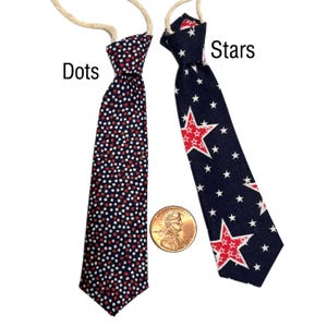 May include: Two small neckties, one with a navy blue background and white and red dots, the other with a navy blue background and red stars. The word "Dots" is above the first tie, and the word "Stars" is above the second tie. A penny is next to the ties.