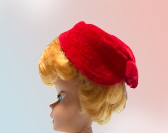 Barbie vintage clothes|Luxurious red velvet pillbox hat with bow|Red Flare #939 (1962)|Original|Doll Clothes Cottage, America|SHIPS FREE!
