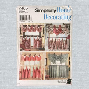 May include: Simplicity Home Decorating pattern featuring various curtain designs. The cover displays multiple window treatments, including valances and drapes, showcasing floral and checkered patterns. The pattern number is 7465.