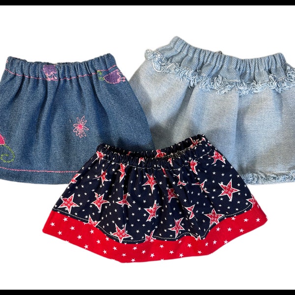Doll accessories|Skirts|3 different|15 or 18 inch dolls|Great variety|Denim+cotton |Handmade by Doll Clothes Cottage, America|FREE wrap+ship