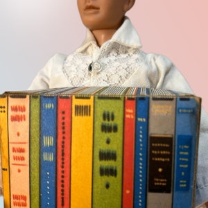 K&ouml;nnte beinhalten: Eine Sammlung von Miniaturb&uuml;chern mit farbenfrohen Buchr&uuml;cken. Die B&uuml;cher werden von einer Puppe gehalten, die ein wei&szlig;es Hemd mit Spitzenkragen tr&auml;gt. Die Buchr&uuml;cken sind in verschiedenen Farben gehalten, darunter Rot, Blau, Gr&uuml;n und Gelb.