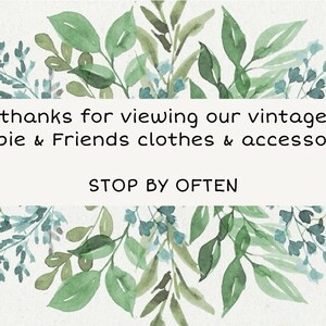 K&ouml;nnte beinhalten: Aquarellbild mit wei&szlig;em Hintergrund und gr&uuml;nem Blattrand. Der Text lautet "Danke f&uuml;r Ihren Besuch unserer Vintage Barbie & Friends Kleidung & Accessoires" und "KOMMEN SIE OFT VORBEI".