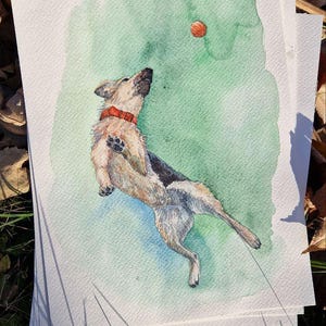 Leap of Joy – Acquerello raffigurante un cane, illustrazione di un animale domestico giocoso, decorazione murale con animali.