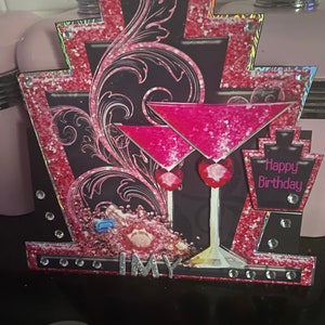 Biglietto di auguri a tema cocktail glamour rosa e nero