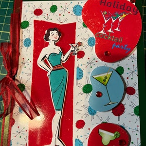 Tarjeta de Navidad retro del cóctel de la señora de los años 50