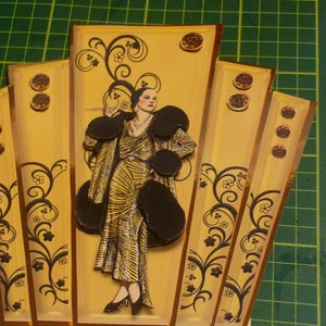 art deco panels with lady in furs greetings card
