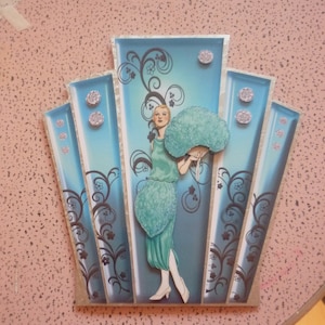 art deco blue panel card with lady and feather fan