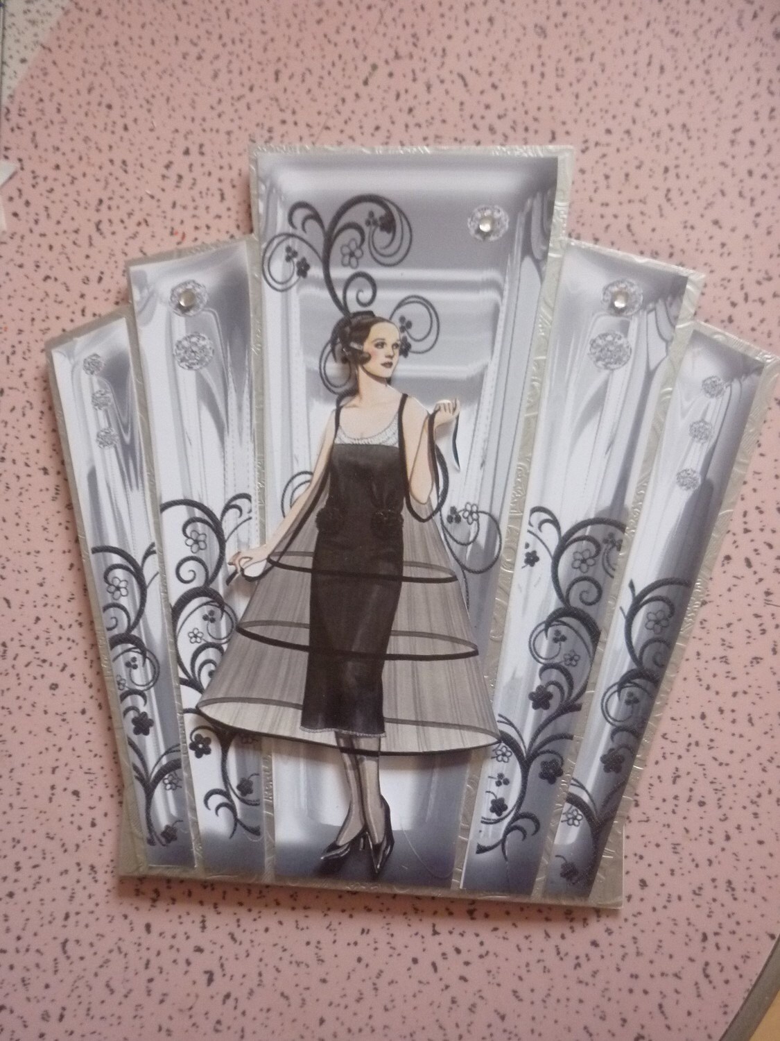 art deco silver metallic panel card with lady in black gown (New direct to recipient service)