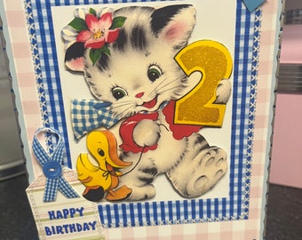 Tarjeta de segundo cumpleaños lindo gatito retro