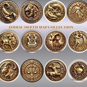 May include: A collection of twelve gold-colored coins, each featuring a different zodiac symbol. The coins are arranged in three rows of four, with detailed engravings of astrological signs like Scorpio, Leo, and Pisces. The text "ZODIAC DEPTH MAP COLLECTION" and "12 PREMIUM ENGRAVING COINS" are also visible.