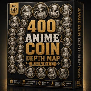 May include: A black box featuring a gold-colored "400 ANIME COIN DEPTH MAP BUNDLE" title. The box is adorned with numerous anime character coin designs. Text on the box includes "MEGA BUNDLE", "32 BIT DEPTH MAP", and "COMMERCIAL USE".