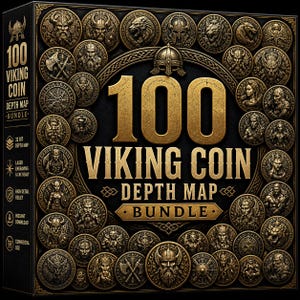Pode incluir: Um conjunto de 100 mapas de profundidade de moedas Vikings, apresentados num pacote. As moedas apresentam desenhos em relevo detalhados e estão prontas para gravação a laser e CNC. Inclui download instantâneo e direitos de uso comercial.
