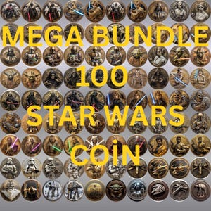 Puede incluir: Una colección de 100 monedas de Star Wars doradas, cada una con un diseño de personaje único. Las monedas están dispuestas en una cuadrícula. Las palabras "MEGA BUNDLE" y "COIN" se muestran en texto amarillo.
