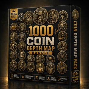 Op de afbeelding: Een zwarte doos met gouden letters en illustraties, die een "1000 COIN DEPTH MAP BUNDLE" aankondigt. De doos toont diverse goudkleurige muntontwerpen. Tekst omvat "MEGA BUNDLE", "32 BIT DEPTH MAP" en "100+ PREMIUM COINS".