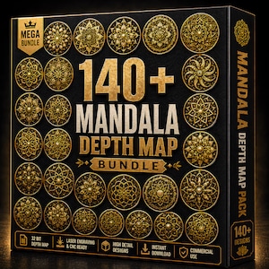 Könnte beinhalten: Eine schwarze Box mit einem goldenen "Mega Bundle" von über 140 Mandala Depth Map Designs. Die Box zeigt verschiedene goldene Mandala-Muster und enthält Text, der auf Lasergravur-Kompatibilität und kommerzielle Nutzung hinweist.