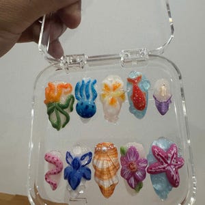 Jelly Ocean-Inspired Press On Nails Almond | 3D Beach Theme with Seashells and Starfish | Handmade Press On Nails for Summer Vibes