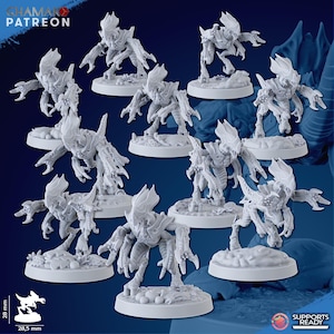 May include: A collection of white, detailed miniature alien figures, each posed on a circular base. The figures have a humanoid form with multiple limbs and a head crest. The image includes the text "CHAMAKO PATREON" and "SUPPORTS READY". The figures are approximately 28 mm tall.
