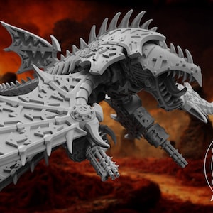 May include: A detailed, gray 3D-printed model of a dragon-like creature with large wings and sharp teeth. The model has intricate armor-like detailing and is posed in a dynamic, attacking stance. The logo "ATLAN FORGE" is visible.