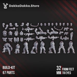 May include: A collection of 67 gray plastic miniature parts for a build-kit, including figures, weapons, and accessories. The figures are approximately 32 mm tall. The DakkaDakka.Store logo is in the top left corner. The words "BUILD-KIT" and "67 PARTS" are at the bottom.