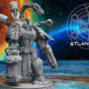 May include: A detailed gray figurine of a futuristic warrior with mechanical enhancements, including a large weapon and multiple tubes. The figure has a medical symbol on its chest. The background features a space-themed design with the text "ATLAN FORGE".