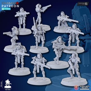 May include: A collection of unpainted, gray miniature figurines of futuristic soldiers, each holding a rifle. The figures are on circular bases, with a blue background and text that reads "CHAMAK PATREON TRIBES" and "SUPPORTS READY".