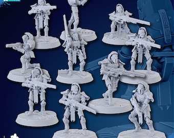 Puede incluir: Un conjunto de figuras en miniatura grises sin pintar de soldados futuristas, cada uno con un rifle. Las figuras están sobre bases circulares. El fondo es azul, con textos como "CHAMAK PATREON TRIBES" y "SUPPORTS READY".
