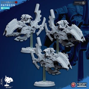 May include: Three gray miniature sci-fi vehicles with riders, each mounted on a clear stand. The vehicles have a futuristic design with intricate details. The image includes the text "GHAMAK PATREON TRIBES" and "SUPPORTS READY". The base is 32 mm wide and 67 mm tall.