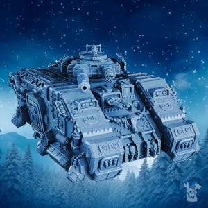 May include: A detailed, light blue model of a futuristic tank with multiple turrets, guns, and intricate mechanical details. The tank is set against a backdrop of a snowy forest and a starry sky.