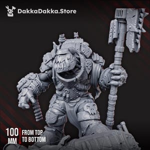May include: A gray, detailed miniature figure of a warrior, holding a large axe. The figure is heavily armored and has a menacing expression. The text "100 mm from top to bottom" is visible.