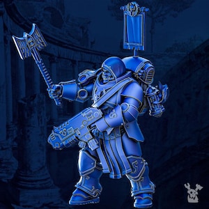 May include: A blue figurine of a futuristic warrior in detailed armor, holding a large axe and a futuristic weapon. The warrior has a backpack and a banner. The figurine is set against a dark blue background.