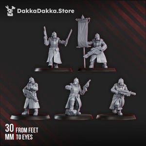 May include: Five miniature figurines of soldiers in gray uniforms and helmets, each posed differently. Some hold weapons, while one carries a banner. The text "30 MM FROM FEET TO EYES" is visible. The DakkaDakka.Store logo is in the top left corner.