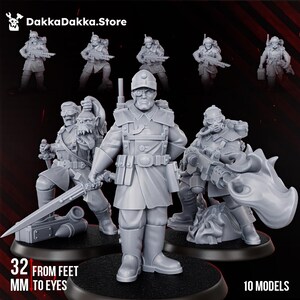 May include: A set of ten grey resin miniature soldier figurines, including a central officer, a soldier with a sword and trophy head, and one with a flamethrower. The text DakkaDakka.Store and 32 MM FROM FEET TO EYES are visible on the image.