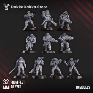 May include: Ten gray miniature soldier models with various weapons and poses are displayed against a dark background. The models are approximately 32 mm tall. The text "DakkaDakka.Store" and "10 MODELS" are visible.