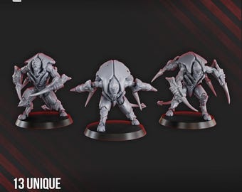 May include: Three gray miniature figures of alien creatures with insectoid features, posed on black bases. Each figure has a unique stance and is armed with bladed weapons. The text "13 UNIQUE PARTS" is displayed at the bottom, and the store logo is at the top.