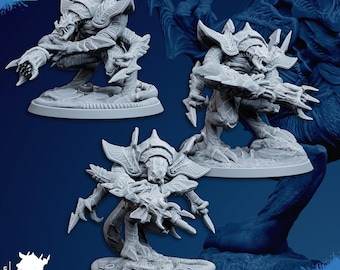 May include: Three gray, detailed miniature monster figurines. Each creature has a menacing, insectoid appearance with sharp claws and armored plating. The bases are approximately 50 mm wide and 38 mm tall. The image includes the text "CHAMAKO PATREON TRIBES".