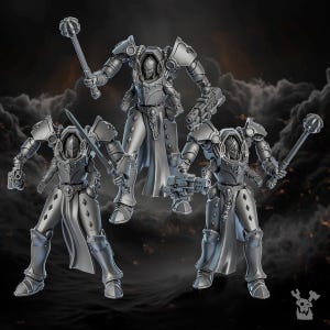 May include: A group of gray, futuristic warrior figurines. Each figure is armored and armed with weapons such as a sword, a mace, and a blaster. The figures are posed against a dark, cloudy background.