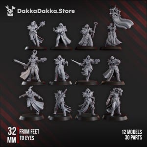 May include: A collection of twelve gray miniature models, each on a black base, depicting figures in various poses. The models are approximately 32 mm tall from feet to eyes. The image includes the text "DakkaDakka.Store" and details about the models.